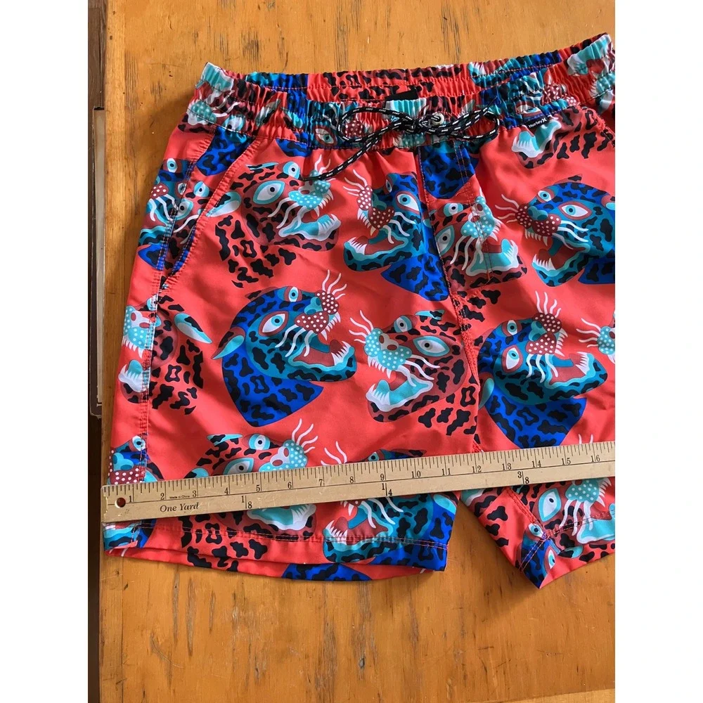 Hurley Swim Trunks Mens Medium Red Blue Tiger Leopard Print Shorts